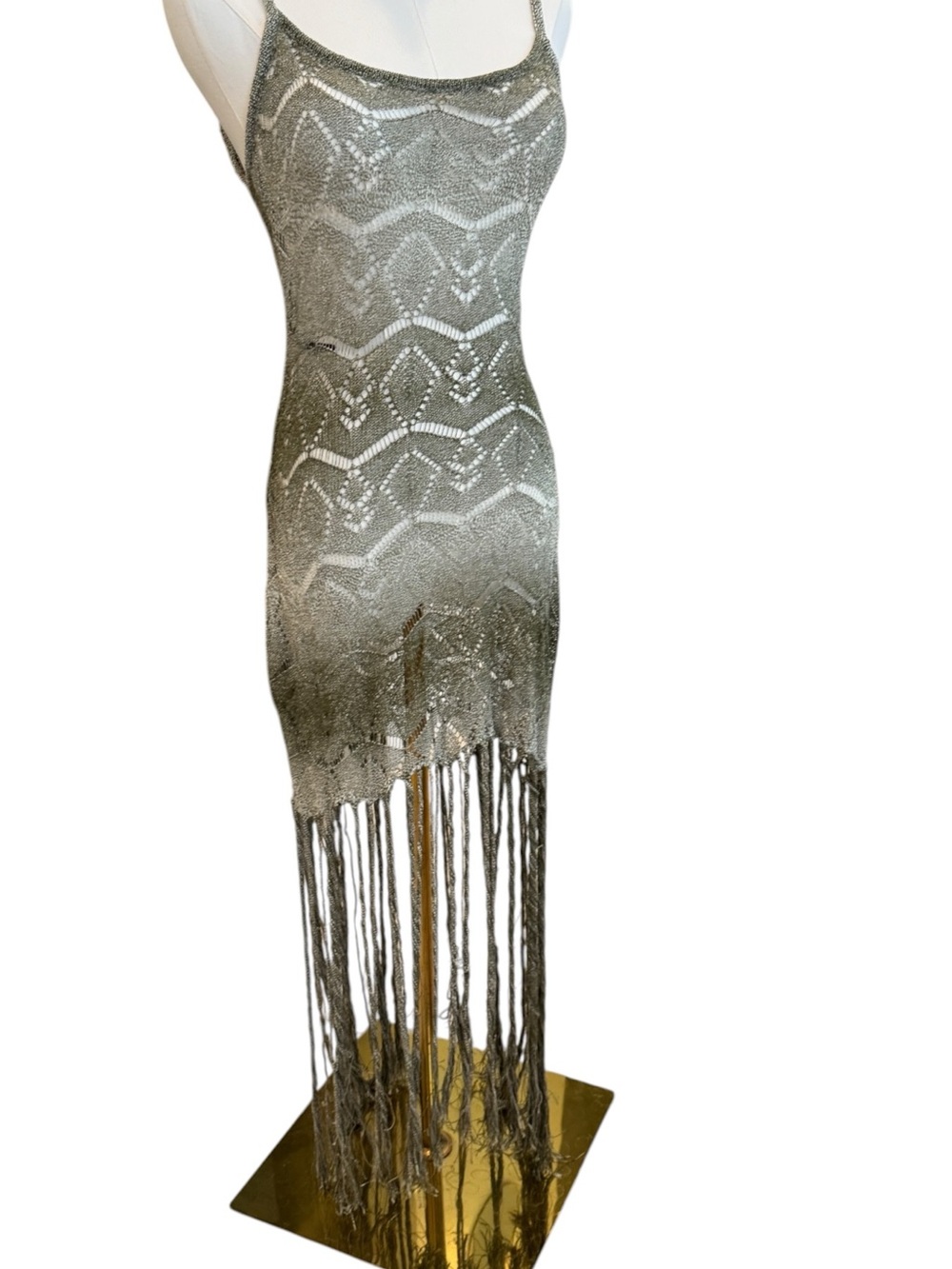 Forever 21 Metallic Silver Crochet Fringe Midi Dress